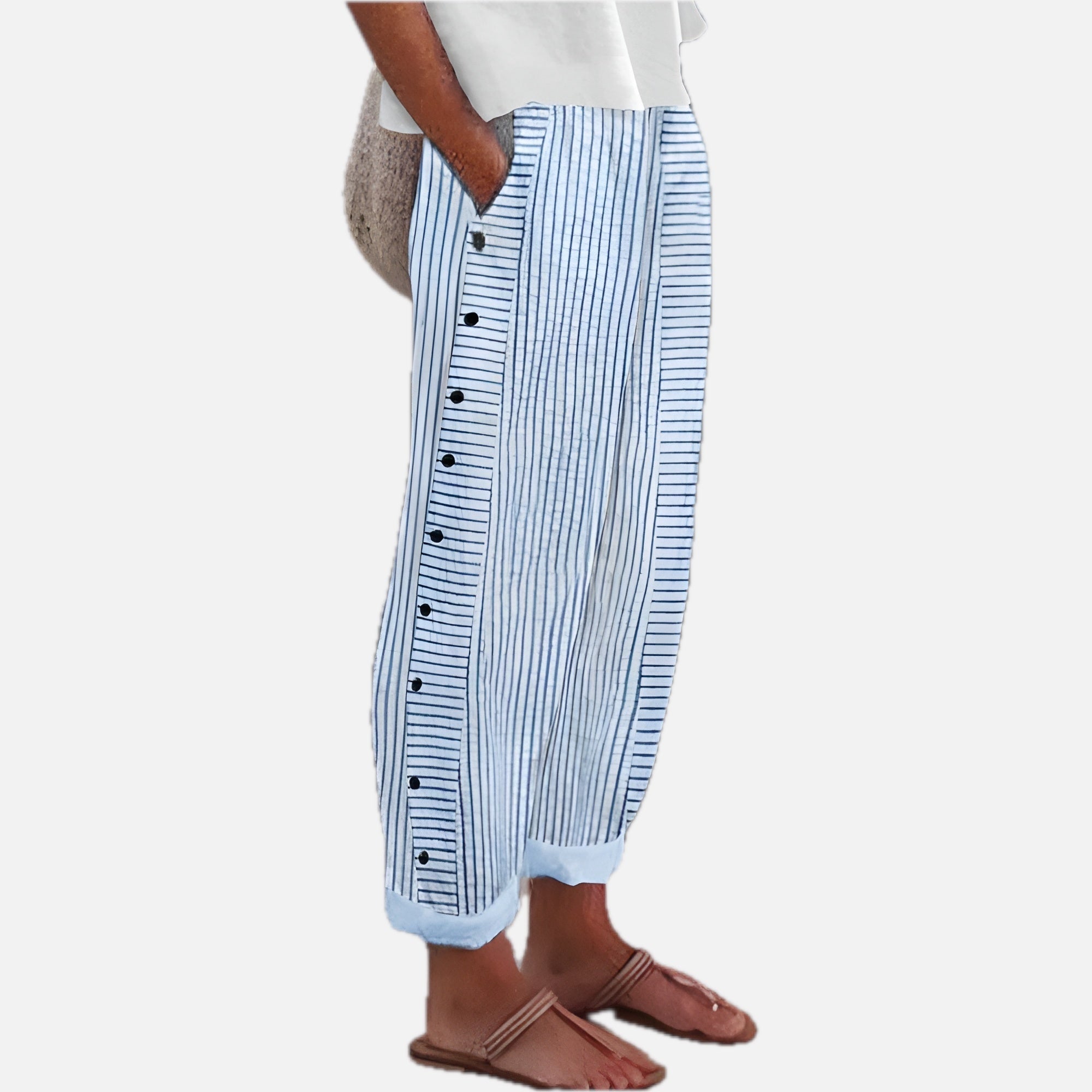 Women Striped Trousers with Side-Button Detail and Pockets