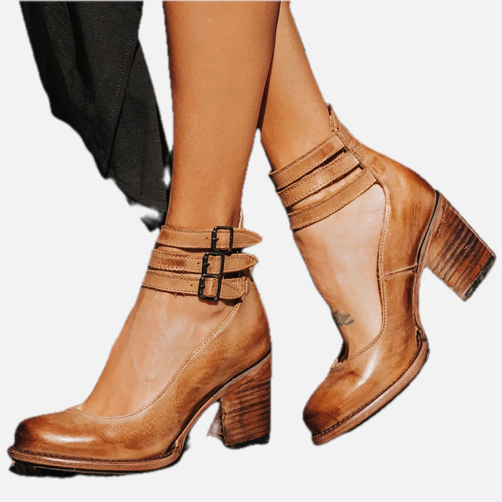 Women Block-Heel Shoes with Double Ankle Buckle Straps - 1