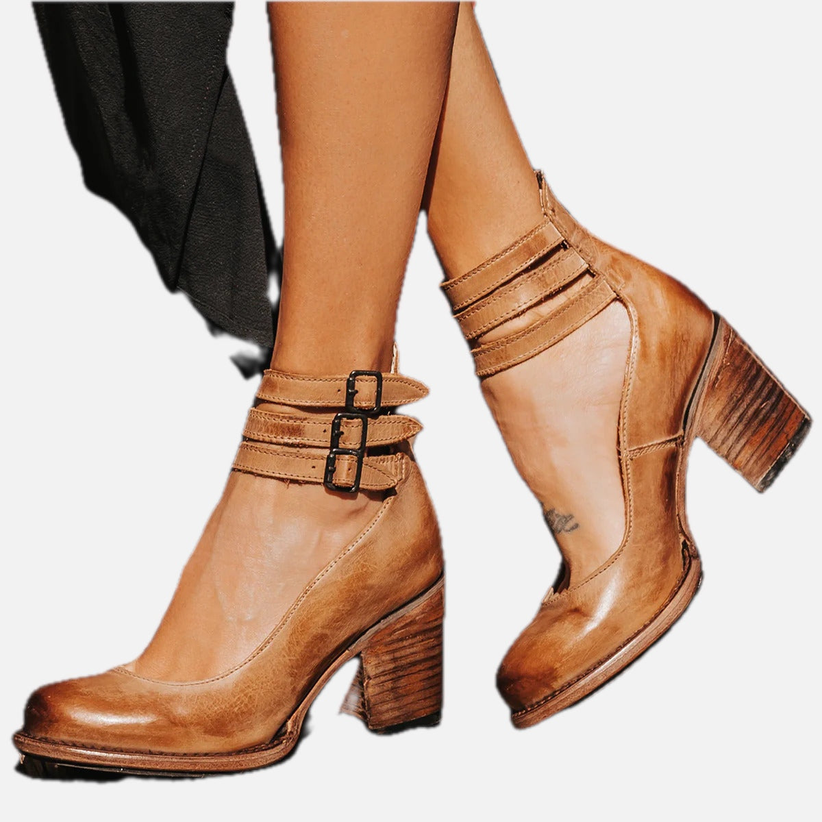 Women Block-Heel Shoes with Double Ankle Buckle Straps - 1