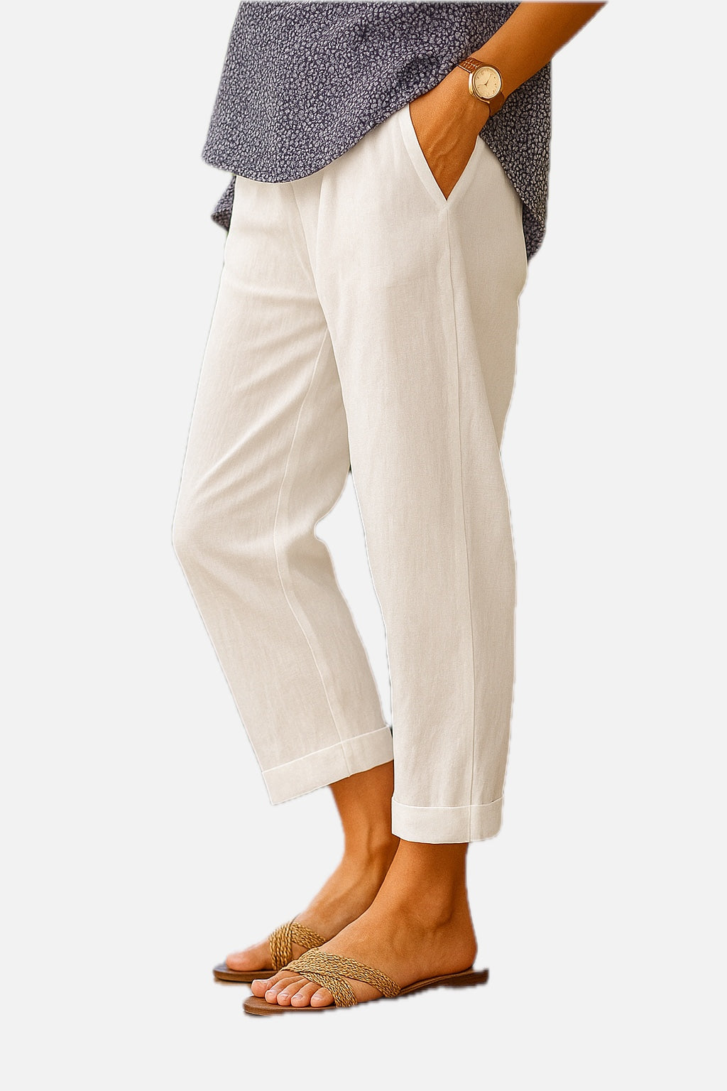 Women's Cropped Trousers with Turn-Up Hem and Pockets