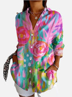 Women Floral Print Button-Up Blouse with Classic Collar and Long Sleeves