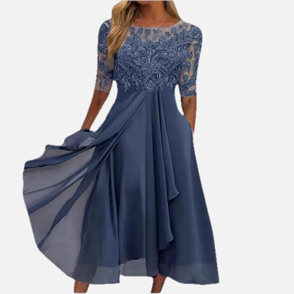 Women's Midi Dress with Lace Bodice and Half Sleeves