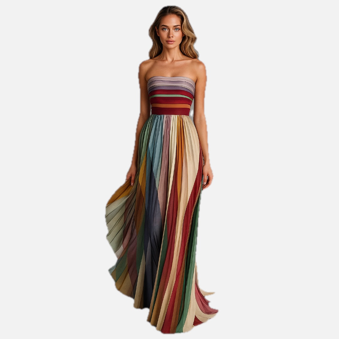 Women's Strapless Maxi Dress with Pleated Striped Design