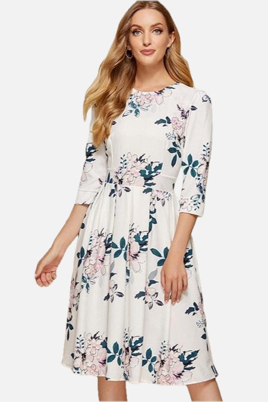 Women's Floral Midi Dress with Three-Quarter Sleeves and A-Line Skirt