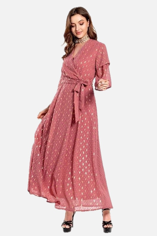 Women's Maxi Dress with Wrap Neckline and Tie Waist