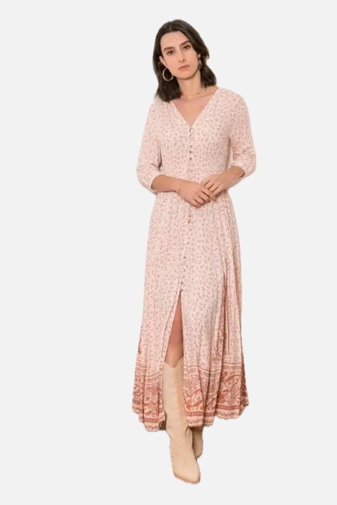 Women's Maxi Dress Three-Quarter Sleeve with V-Neck and Button Front