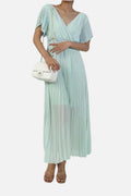 Women's Maxi Dress Pleated with V-Neck and Flutter Sleeves