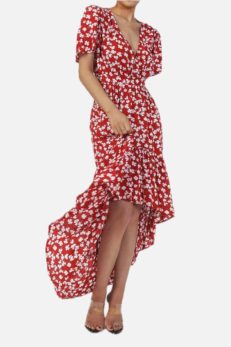 Women's Floral Midi Dress with V-Neck and High-Low Hem