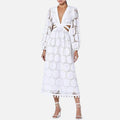 Women's Lace Maxi Dress with Long Sleeves and V-Neck Cutout Waist