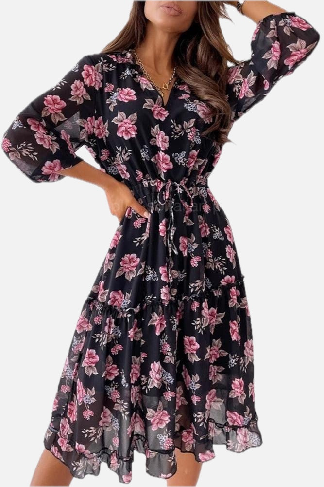 Women's Floral Boho Dress with V-Neck and Tiered Hem