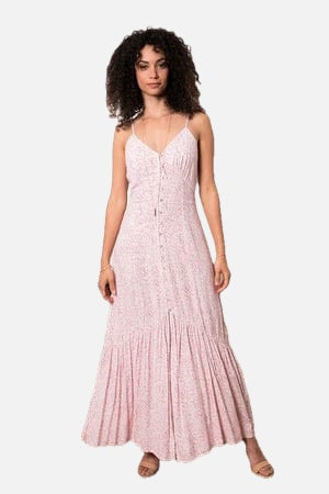 Women's Maxi Dress Spaghetti Strap with V-Neck and Tiered Hem