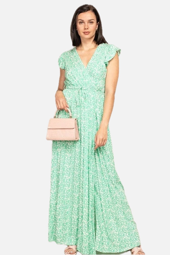 Women's Maxi Dress with Wrap Neckline and Flutter Sleeves
