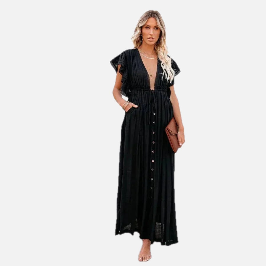 Women's Maxi Dress with V-Neck and Ruffle Sleeves - 1