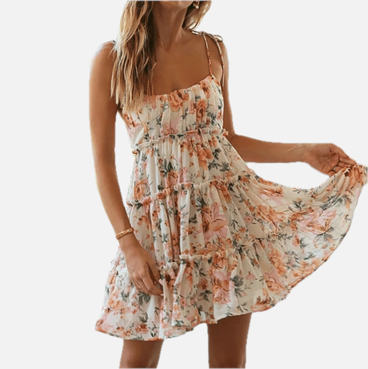 Women's Floral Mini Dress Sleeveless with Tiered Ruffle Skirt