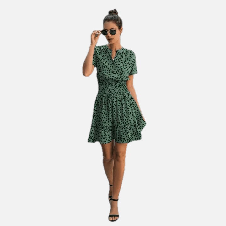 Women's Polka Dot Dress with Smocked Waist and Tiered Ruffle Hem