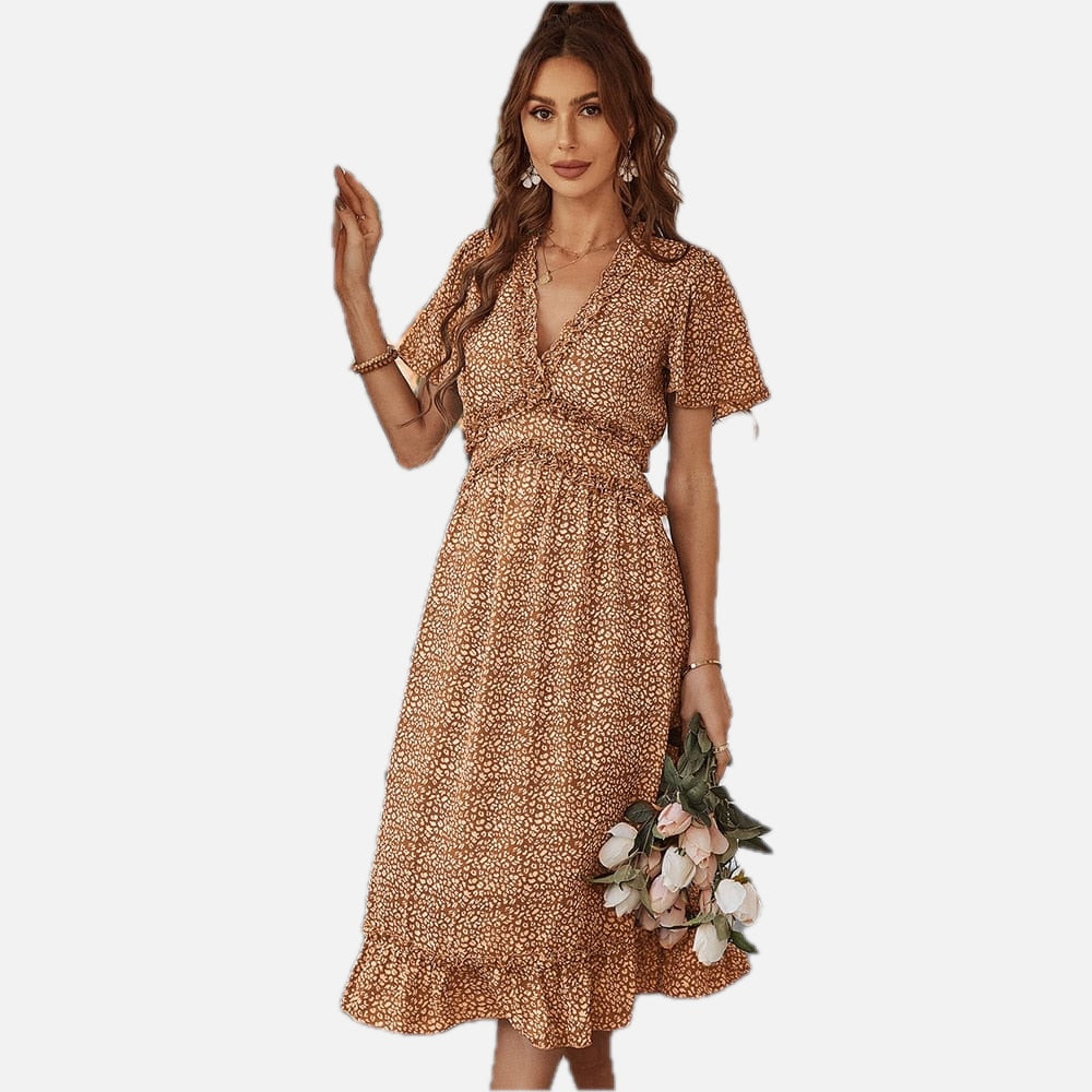 Women's Midi Dress V-Neck Short Sleeve with Ruffle Hem and A-Line Silhouette - 1