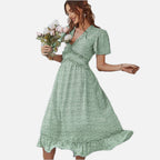 Women's Midi Dress with V-Neck and Short Sleeves