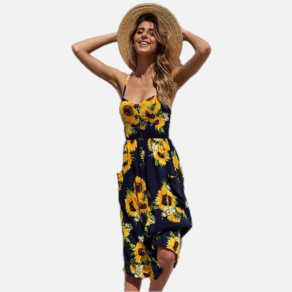 Women's Floral Sundress Spaghetti Strap with Button Front and A-Line Skirt - 1