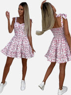 Women's Floral Mini Dress with Tie Straps and Shirred Waist