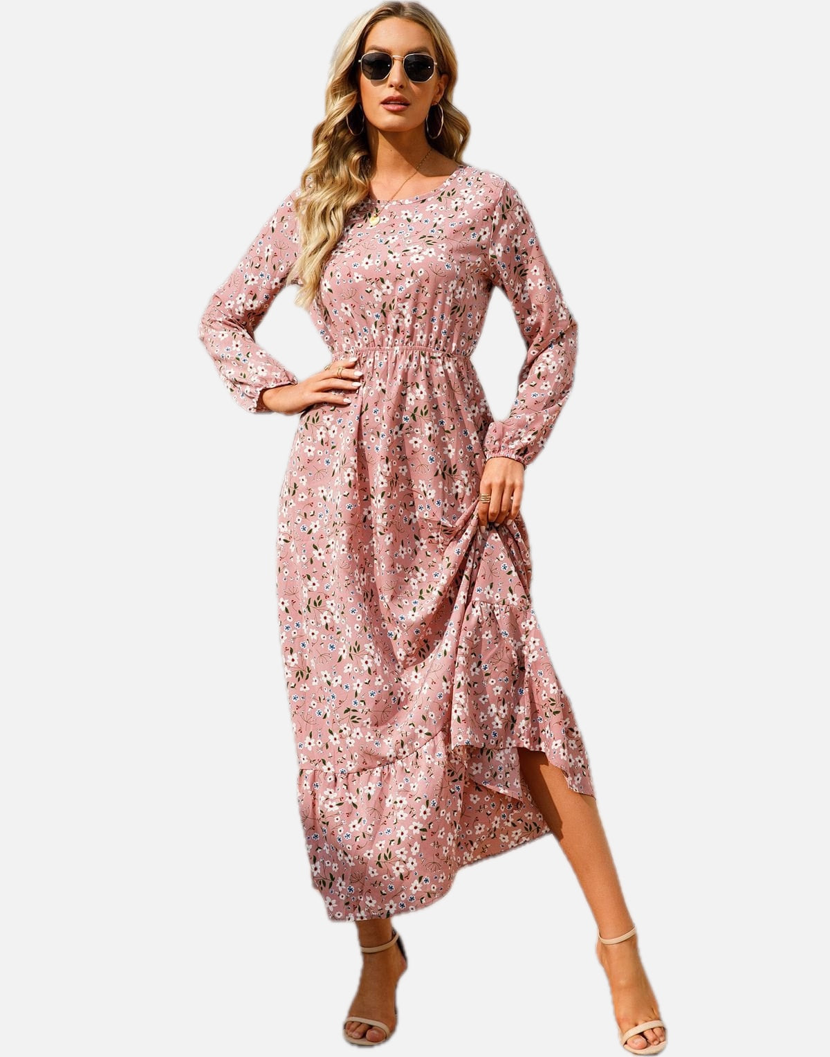 Women's Floral Maxi Dress Long Sleeve with Elasticated Waist and Ruffle Hem