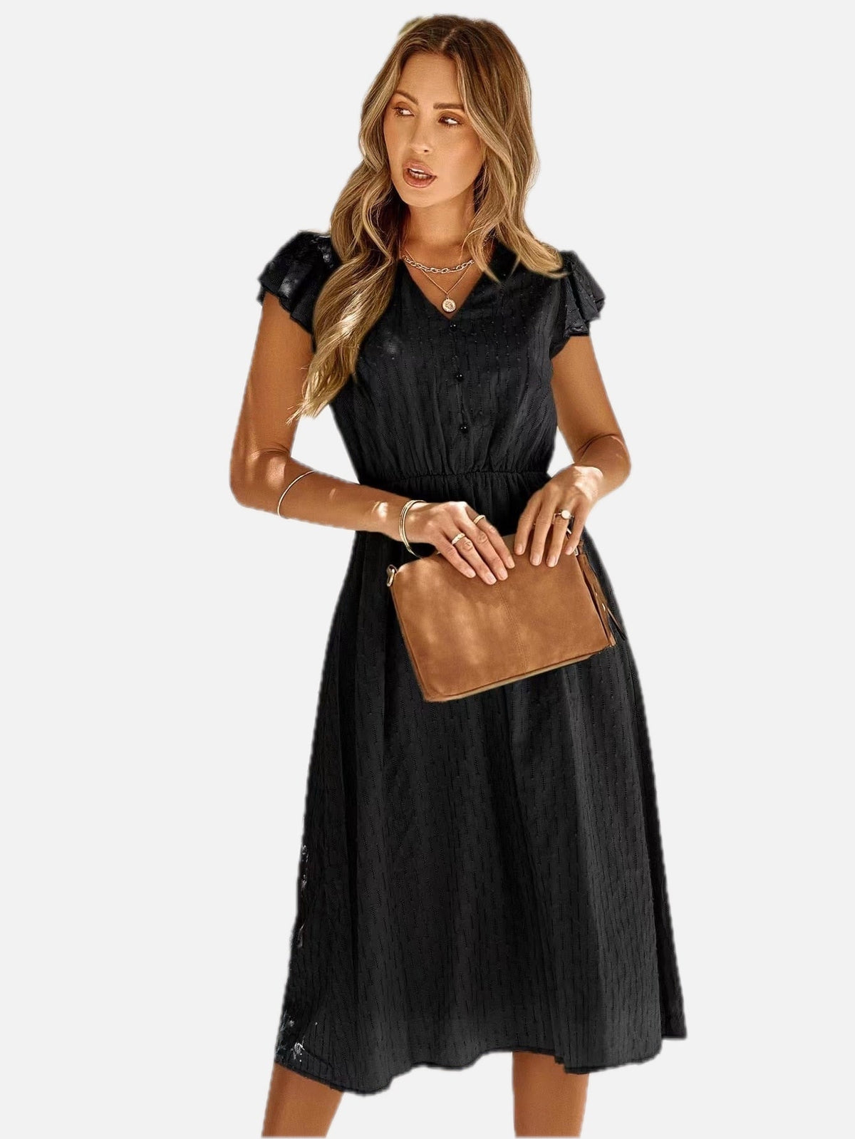 Women's Midi Dress V-Neck with Cap Sleeves and A-Line Skirt - 1