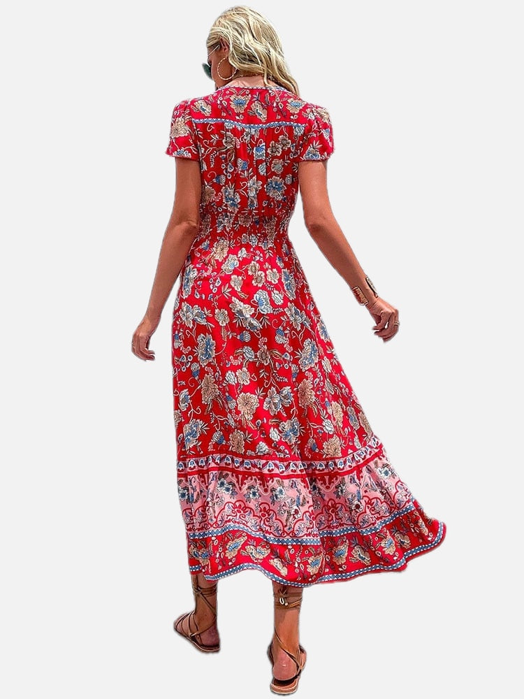 Women's Maxi Dress with V-Neck and Floral Print
