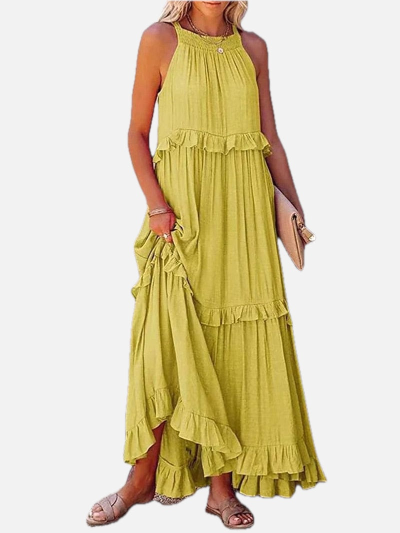 Women's Sleeveless Halter Neck Maxi Dress with Ruffle Tiers
