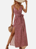 Women's Polka Dot Maxi Dress Sleeveless with V-Neck and Wrap Front