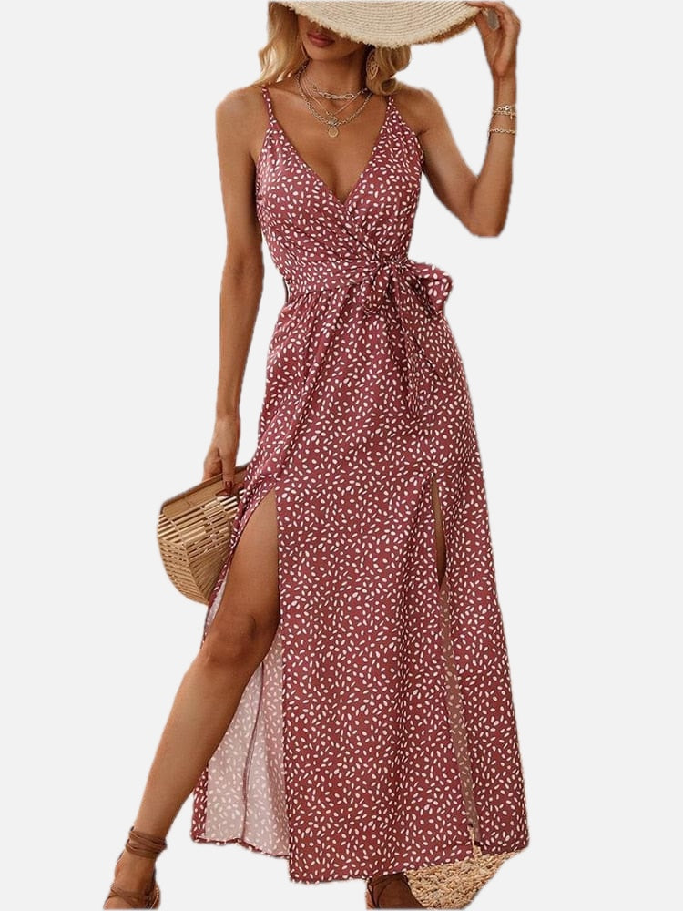Women's Polka Dot Maxi Dress Sleeveless with V-Neck and Wrap Front