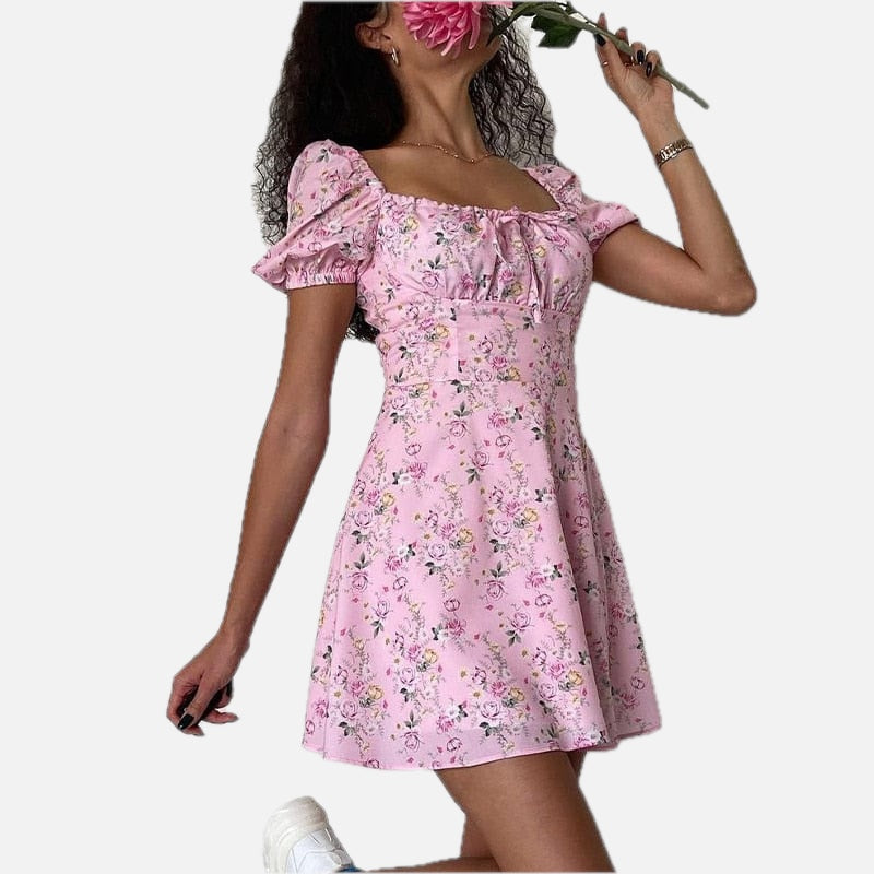 Women's Floral Mini Dress with Puff Sleeves and Sweetheart Neckline