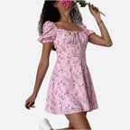 Women's Floral Mini Dress with Puff Sleeves and Sweetheart Neckline