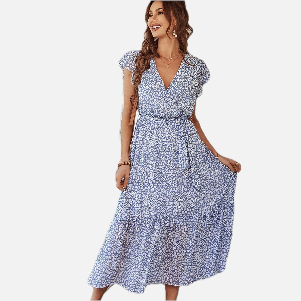 Women's Floral Midi Dress V-Neck with Flutter Sleeves and Tiered Hem - 1