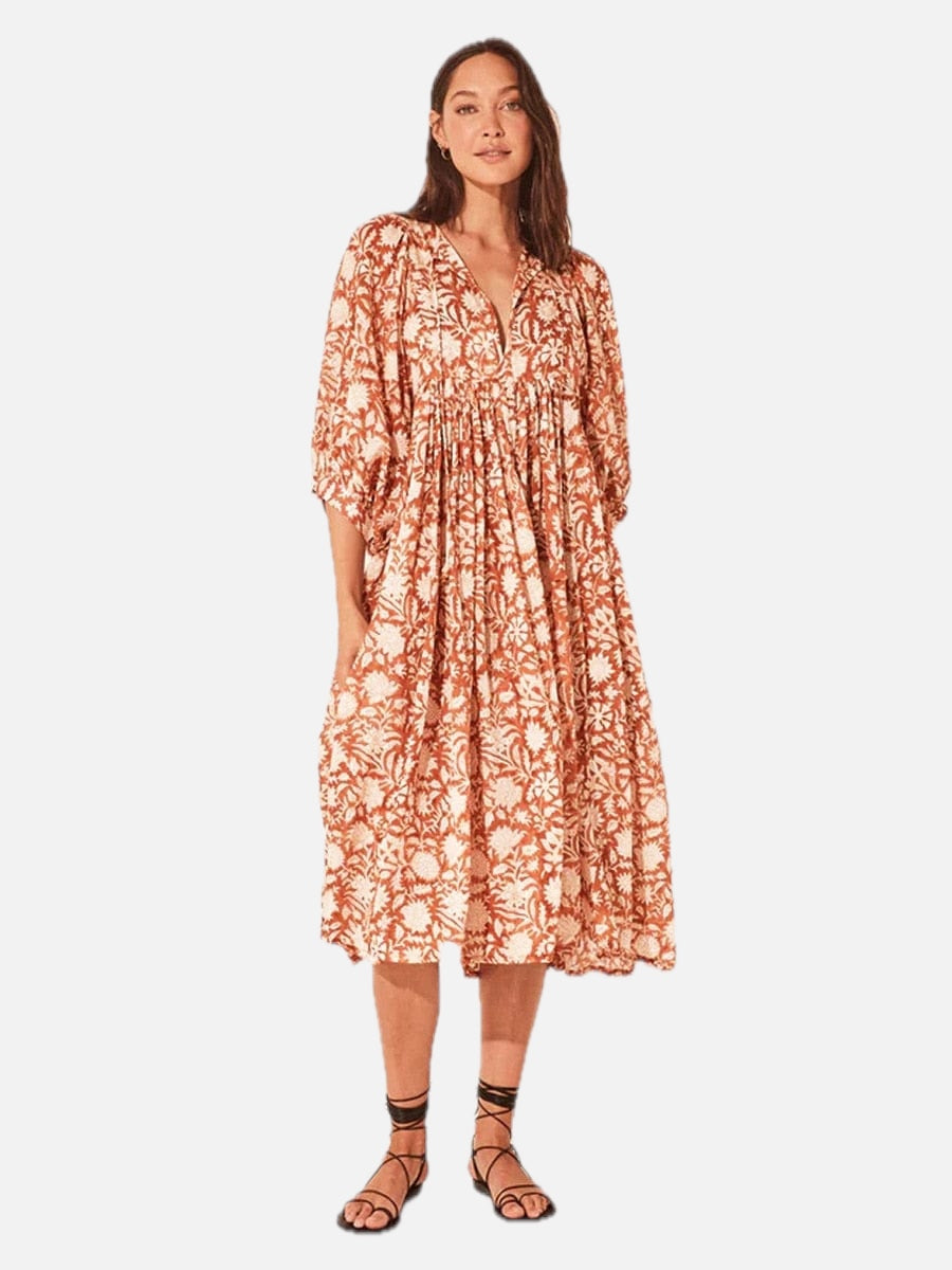 Women's Floral Midi Dress with V-Neck and Balloon Sleeves
