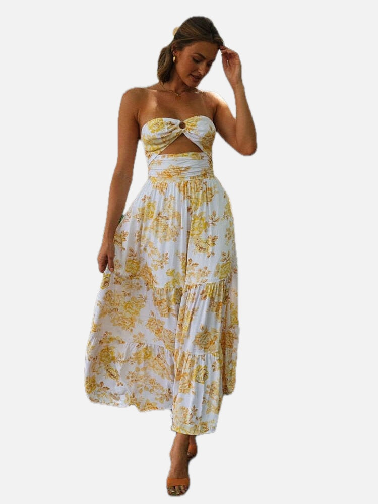 Women's Floral Off-Shoulder Maxi Dress with Cutout Waist and Tiered Hem