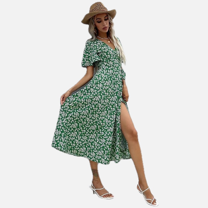 Women's Midi Dress with V-Neck and Puff Sleeves