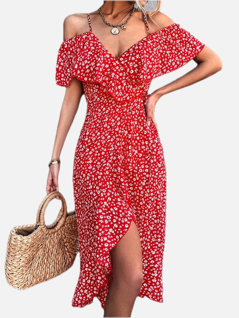 Women's Off-Shoulder Floral Dress with Ruffle Trim and Front Slit