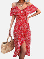 Women's Off-Shoulder Floral Dress with Ruffle Trim and Front Slit