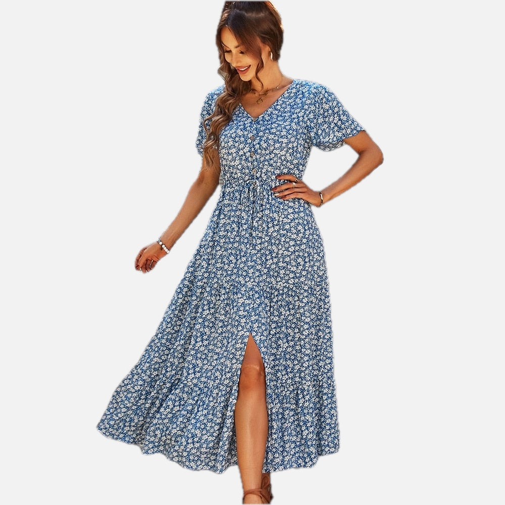 Women's Bohemian Maxi Dress with V-Neck and Front Slit