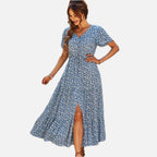 Women's Bohemian Maxi Dress with V-Neck and Front Slit