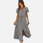 Women's Maxi Dress with V-Neck and Short Sleeves - 1
