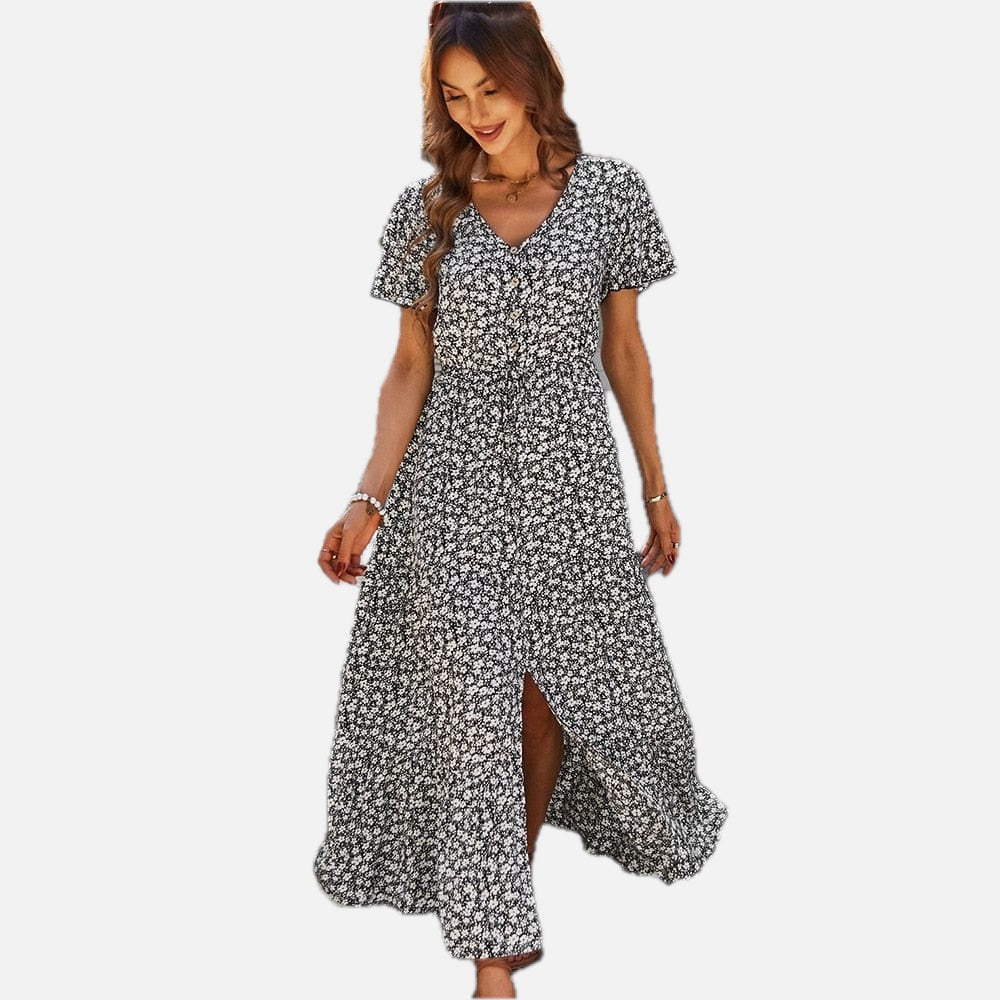 Women's Maxi Dress with V-Neck and Short Sleeves - 1