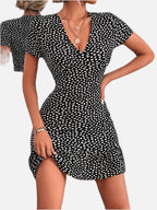 Women's Mini Dress V-Neck Short Sleeve with Ruffle Hem - 1
