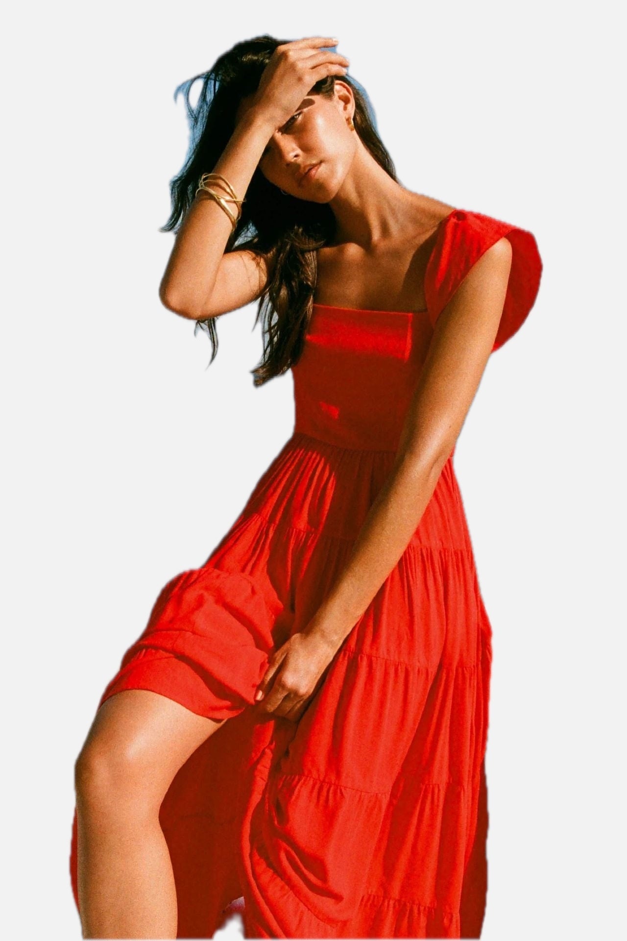 Women's Tiered Midi Dress with Square Neck and Cap Sleeves