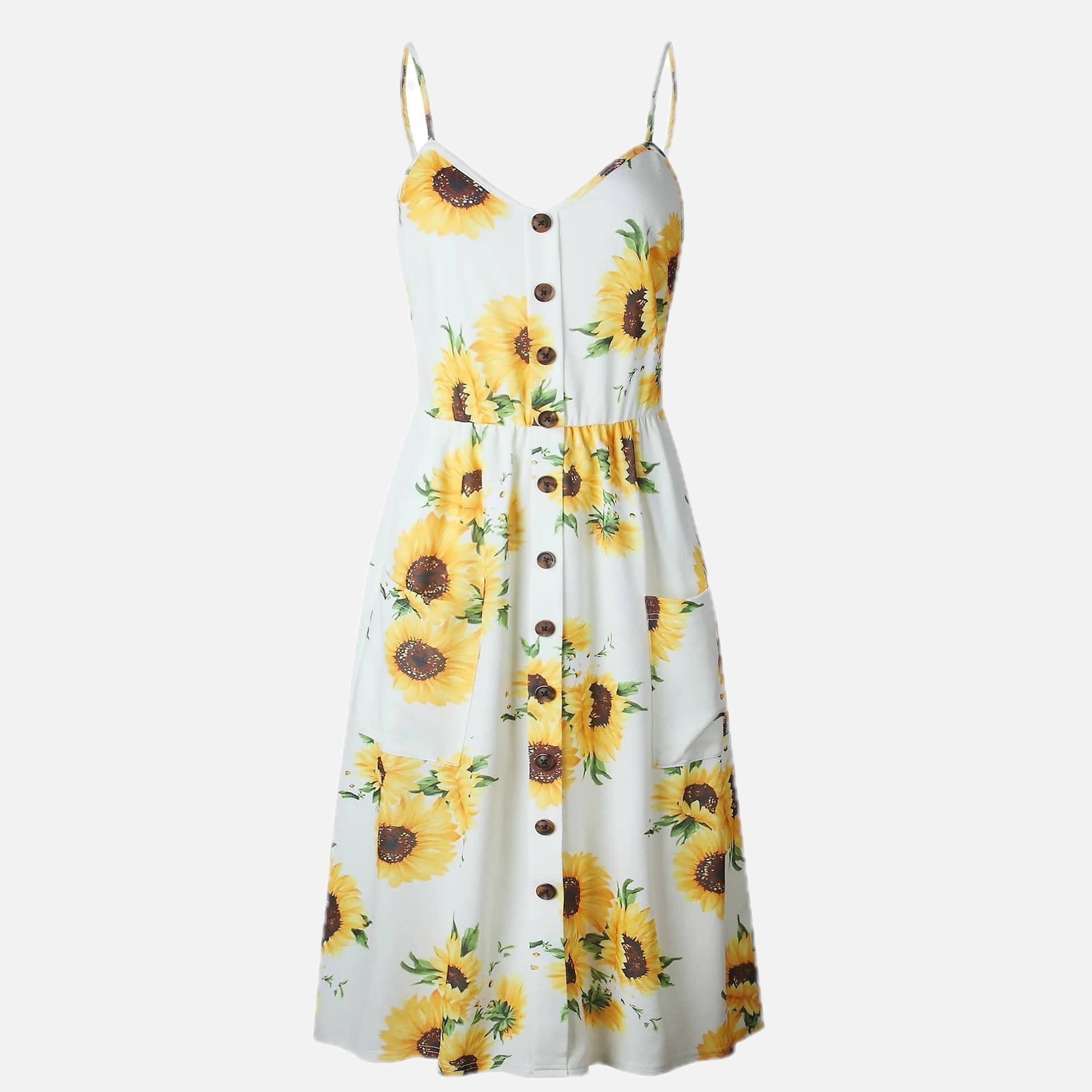 Women's Sunflower Print Sundress with Adjustable Straps and Button Front
