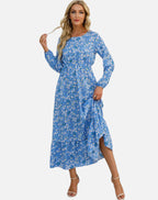 Women's Floral Maxi Dress Long Sleeve with Ruffle Hem and A-Line Silhouette - 1