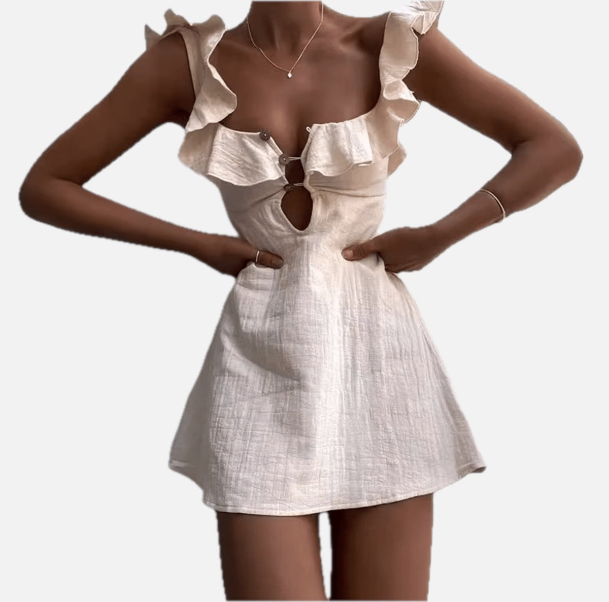 Women's Bohemian Mini Dress with Ruffled Neckline and Cutout Detail