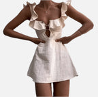 Women's Bohemian Mini Dress with Ruffled Neckline and Cutout Detail