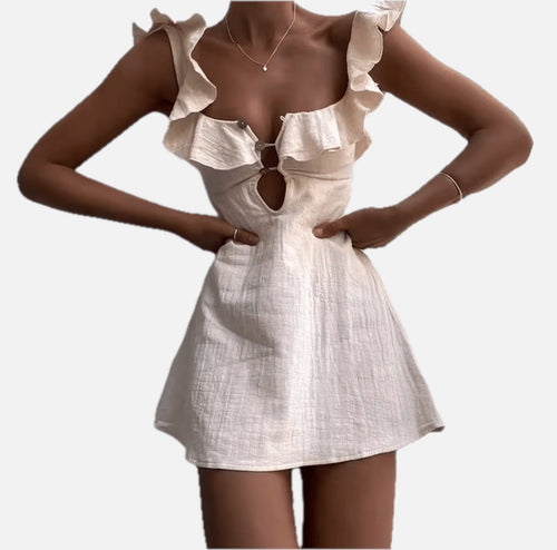 Women's Bohemian Mini Dress with Ruffled Neckline and Cutout Detail