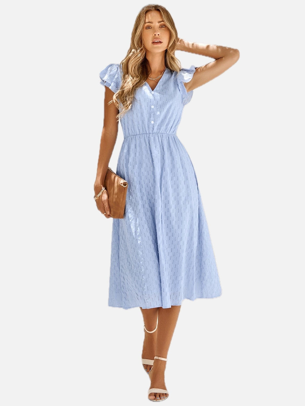 Women's Midi Dress with Flutter Sleeves and V-Neck - 1