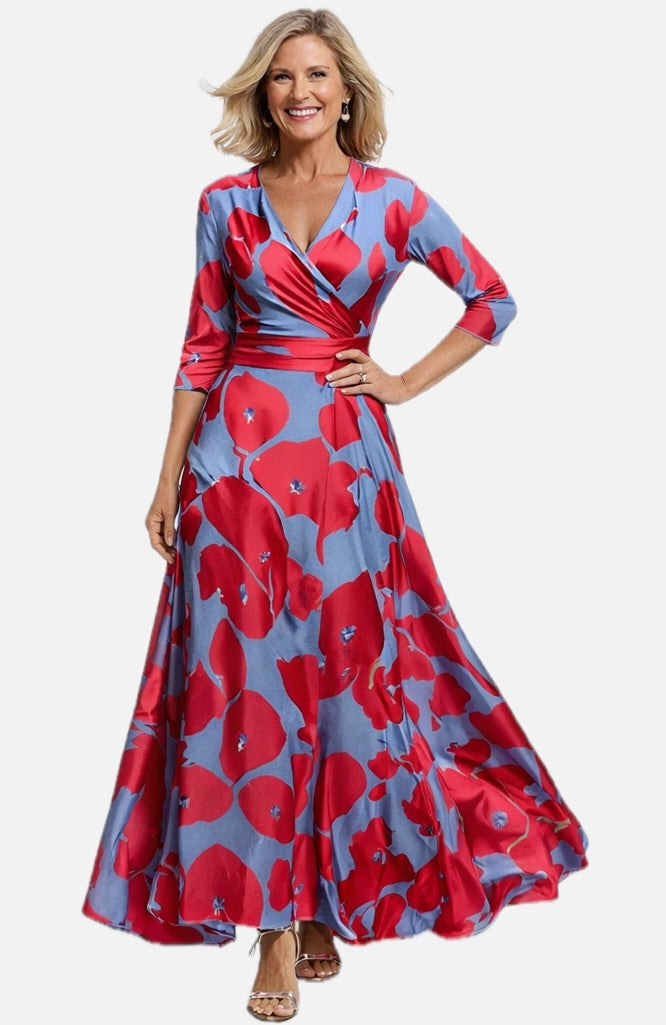 Women's Floral Maxi Dress with V-Neck and Three-Quarter Sleeves